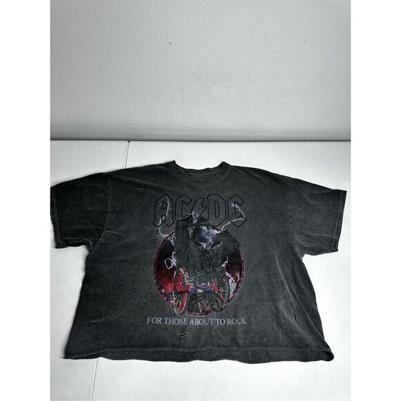 ACDC Band Cropped T-Shirt Womens Sz S/M  Gray Graphic logo Cotton Distressed - Picture 1 of 14